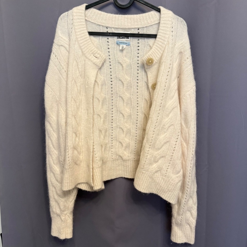 Future Collective Reese Blutstein Cardigan Sweater Cream Cable Knit Womens Large - Picture 2 of 5